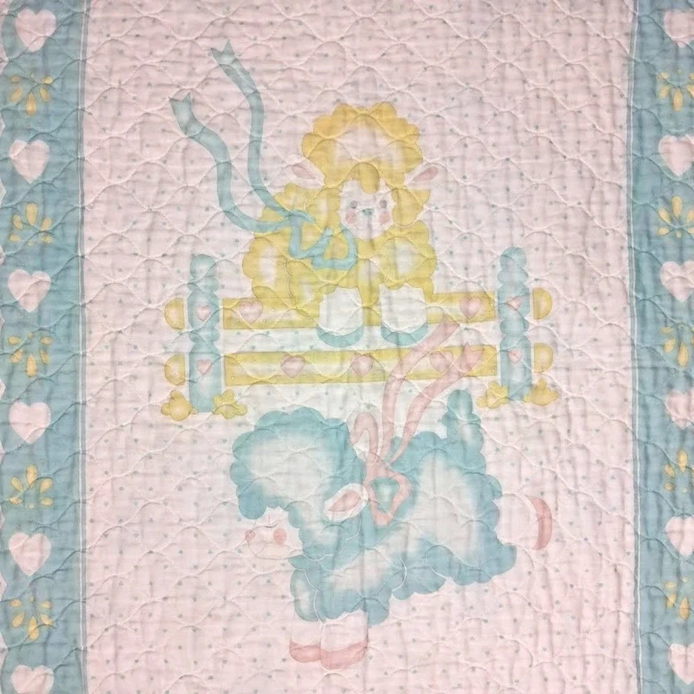 Vtg Lamb Baby Crib Comforter Blanket Blue Yellow Sheep Jumping Quilted Fence